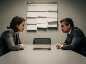 Twee collega's tegenover elkaar aan een conferentietafel tijdens een werkplekmediation, met een dossiermap en kalender op de achtergrond.