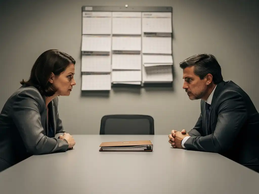 Twee collega's tegenover elkaar aan een conferentietafel tijdens een werkplekmediation, met een dossiermap en kalender op de achtergrond.