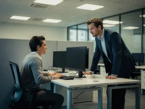 Gespannen werknemer aan bureau terwijl collega dominant nabij staat in modern open kantoor met grijze scheidingswanden.