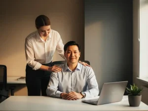Medewerker aan bureau krijgt bemoedigende hand op schouder van collega in warm, professioneel kantoor.