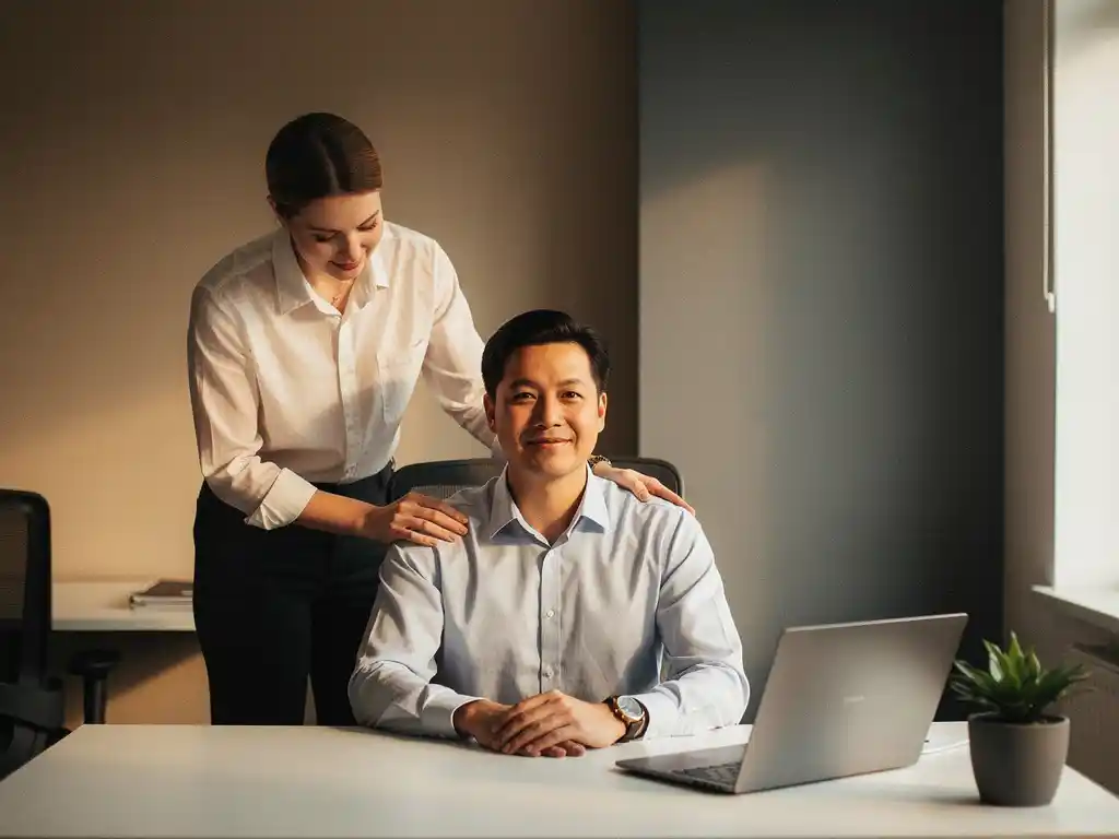 Medewerker aan bureau krijgt bemoedigende hand op schouder van collega in warm, professioneel kantoor.