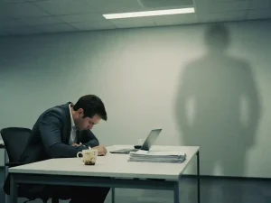 Gespannen werknemer gebogen over een minimalistisch bureau, overschaduwd door een naderende figuur, met lege koffiekop en onaangeroerde documenten.