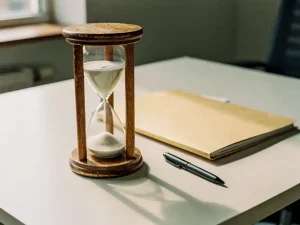 Versleten houten zandloper op kantoorbureau met zand dat langzaam valt, naast gesloten map en pen, warm natuurlijk licht.